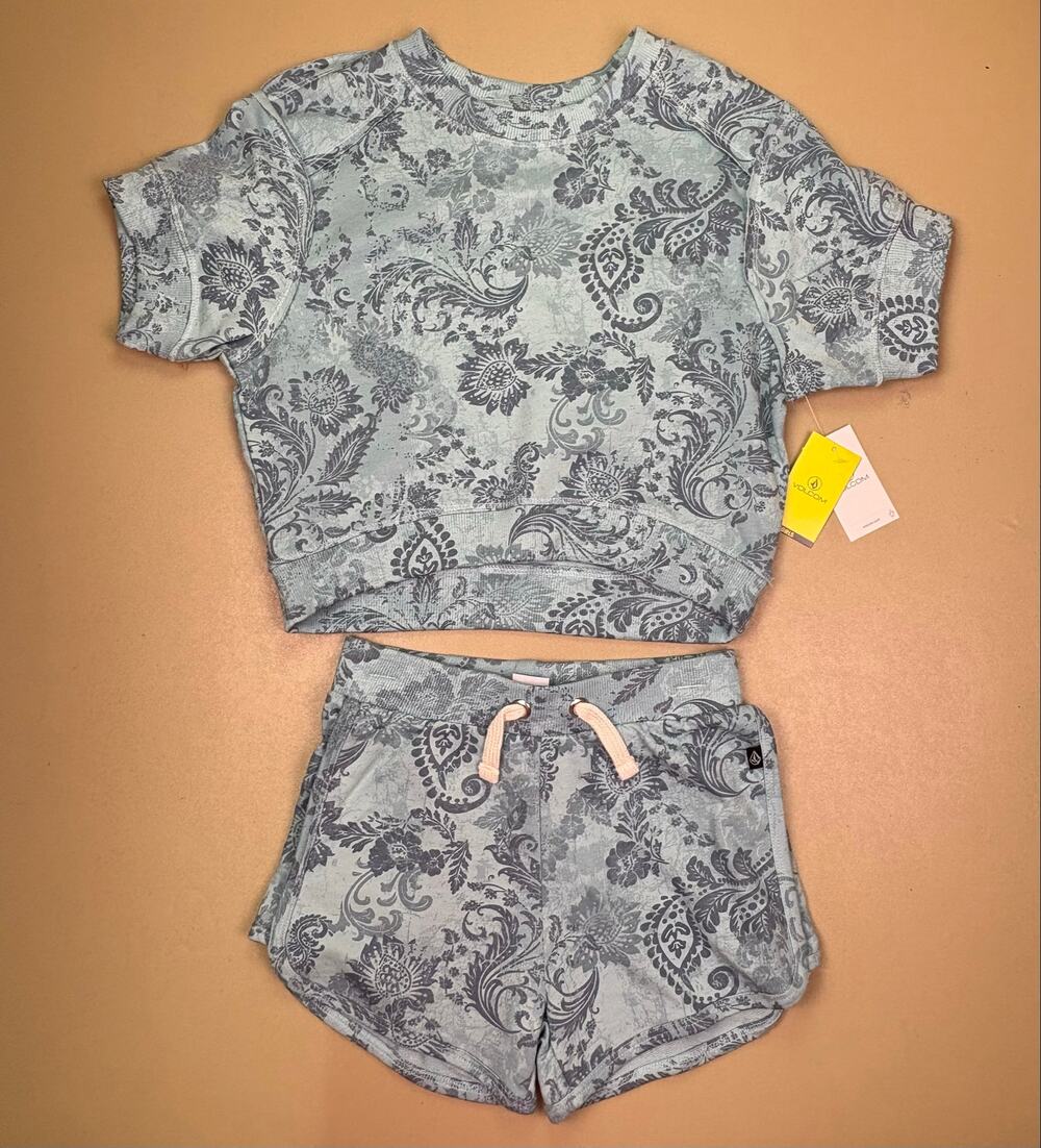 Volcom Girls 6X Teal Floral French Terry Short Set 2 Piece Outfit NWT